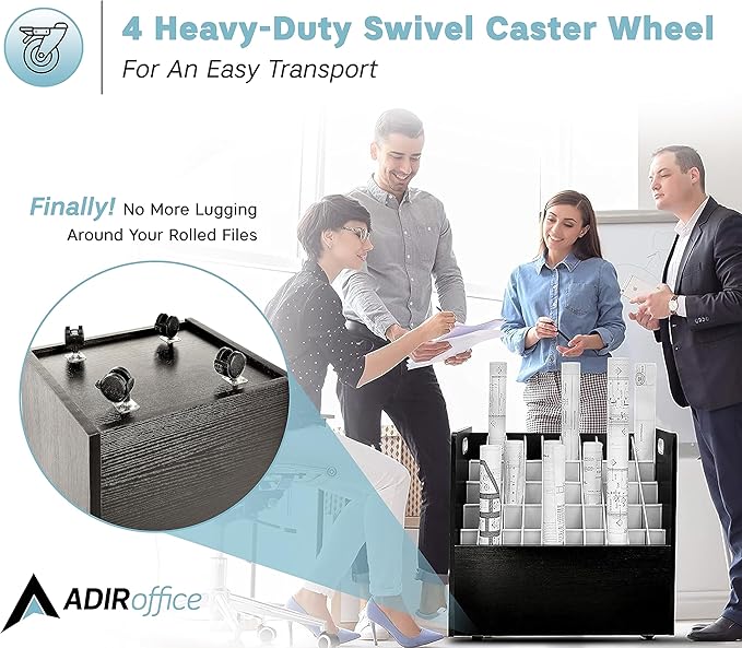 Adir Blue Print Storage Organizer - Mobile Roll File Cart, Construction Plan Holders, Blueprint Cabinet with Wheels, Roll Files Storage for Office and Home (50 Slots, Black)