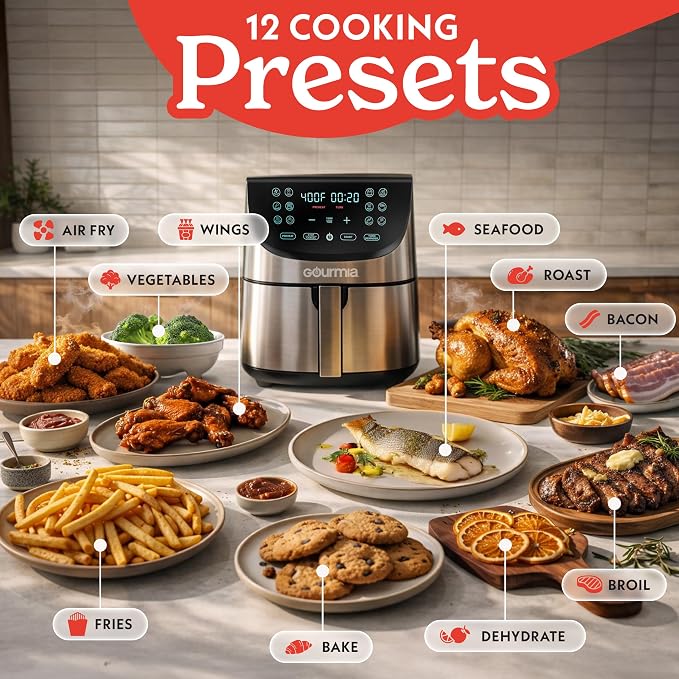 Gourmia Air Fryer - 8 Qt Extra Large Capacity, FryForce360º, Digital Display with 12 Presets, Roast, Bake, Broil, Dehydrate, Dishwasher Safe Accessories, Stainless Steel