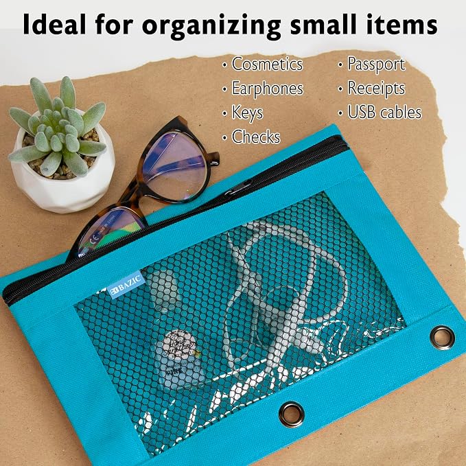 BAZIC PRODUCTS Retro Pastel 3-Ring Pencil Pouch with Mesh Window, 144-Case | clear mesh window and a zipper closure for pens, pencils