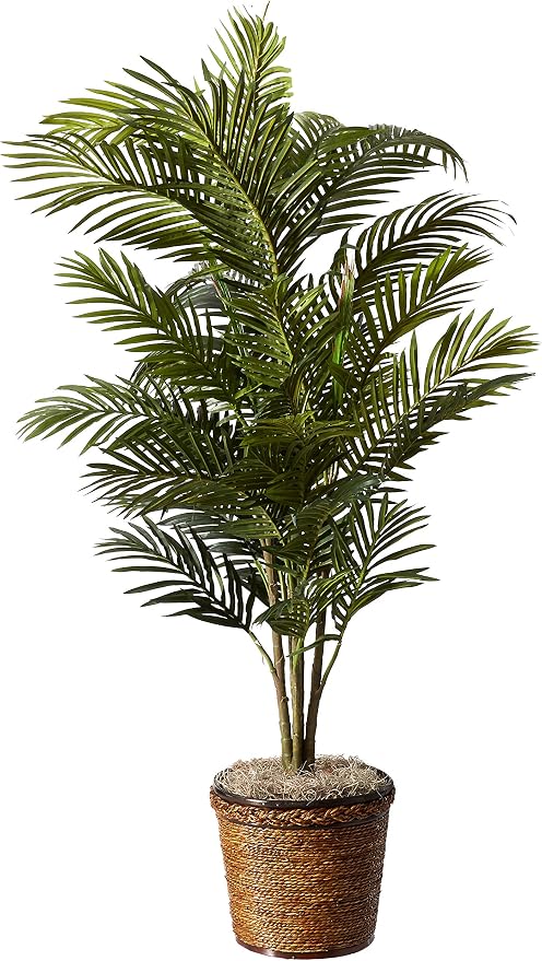 Nearly Natural 56 in Artificial Areca Palm Tree with Basket Floor Plant | Thirty-Two Lifelike Leaves, Wicker Basket Included, Maintenance-Free Indoor Accent, Home and Office Decor