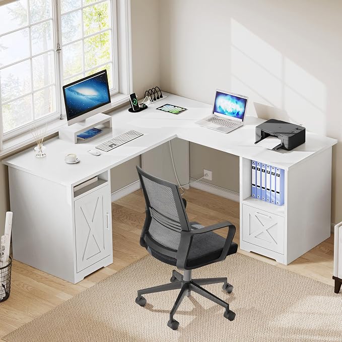 YITAHOME L Shaped Desk with Power Outlets | Computer Desk Corner Desk with File Drawer, Home Office Desk with Monitor Stand & Storage Shelves