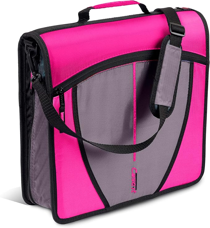 Case-it School Zipper Binder | 3-Inch O-Rings | 600-Sheet | D-146 Magenta | Mighty Zip Tab, 5-Subject Expanding File Folder, Multiple Pockets, Storage Organizer, Shoulder Strap, Office