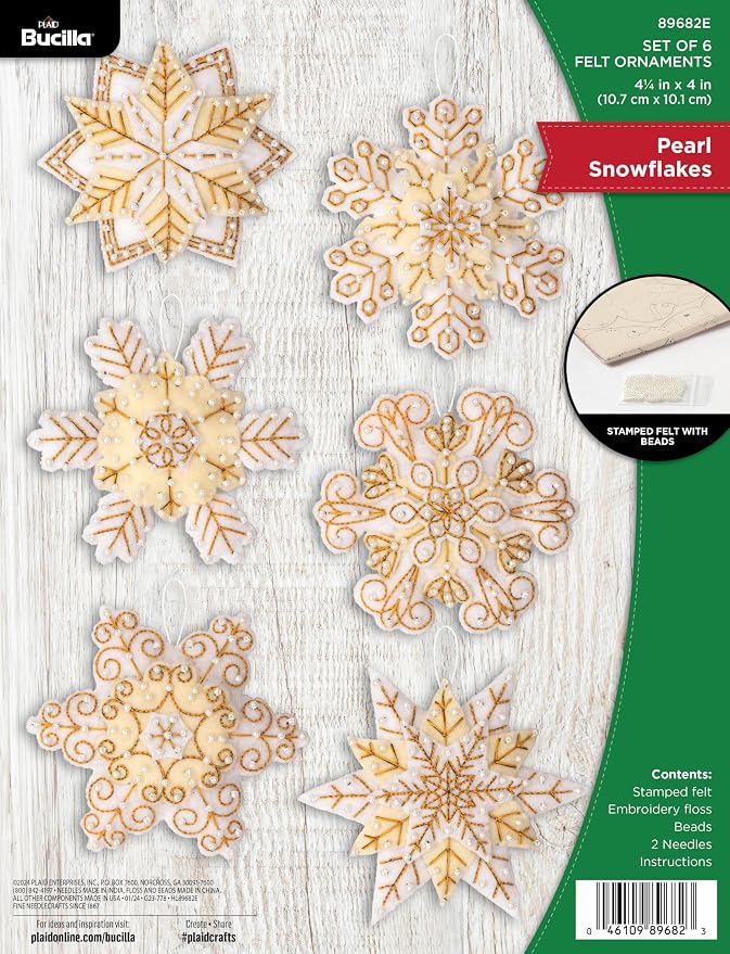 Bucilla Felt Applique 6 Piece Ornament Making Kit, Pearl Snowflakes, Perfect for Holiday DIY Arts and Crafts, 89682E