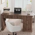 Garvee Fluted Home Office Desk Storage with File Drawers for Home Office | 54" Modern Executive Desk with Charging Station, Wooden Computer Writing Desk for, Study Room, Brown