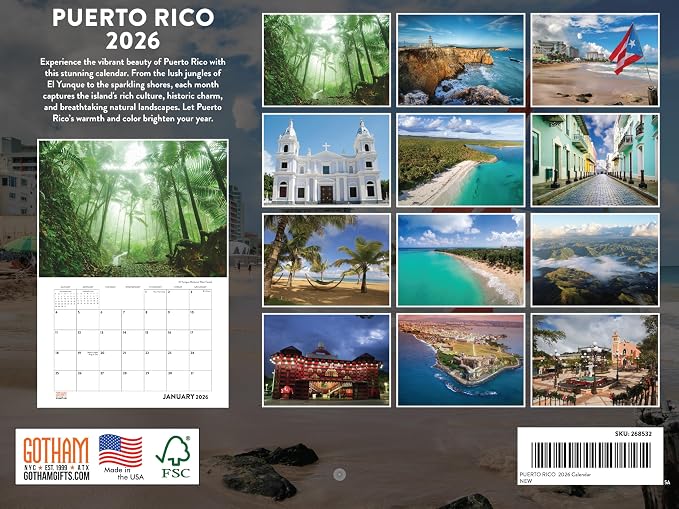Puerto Rico Calendar 2026 Wall 12 Month Monthly PR Scenic Souvenirs Puerto Rican Themed Gifts | American Made In The USA