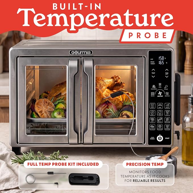 Gourmia French Door Air Fryer Toaster Oven - 6 Slice Capacity, Temperature Probe, 18 Cooking Presets, FryForce, Digital Display, 3 Rack Positions, Dishwasher-Safe Accessories, Stainless Steel