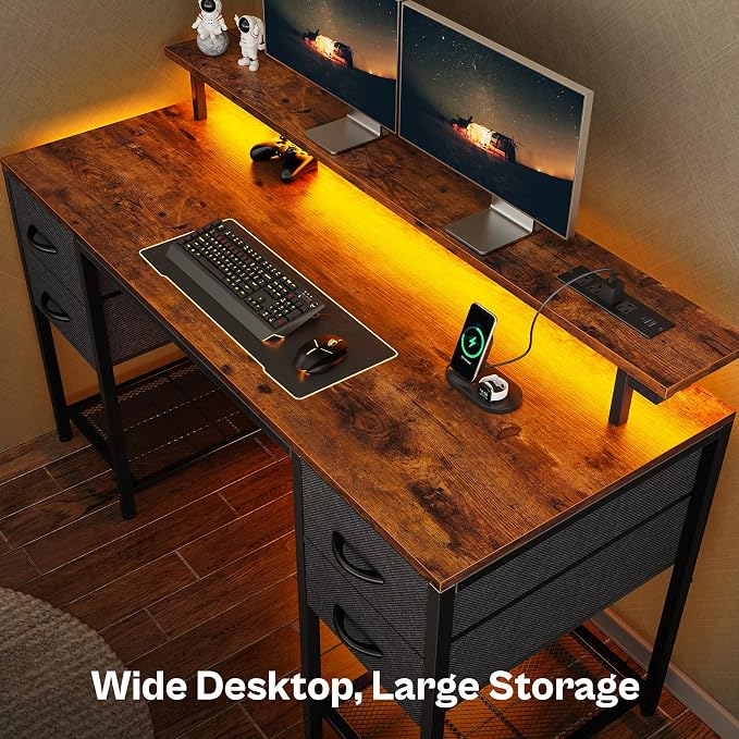 Huuger 55 inch Computer Desk with Power Outlets & 4 Drawers | Gaming Desk with LED Lights, Home Office Desk with Storage Space for Bedroom, Work from Home, Rustic Brown