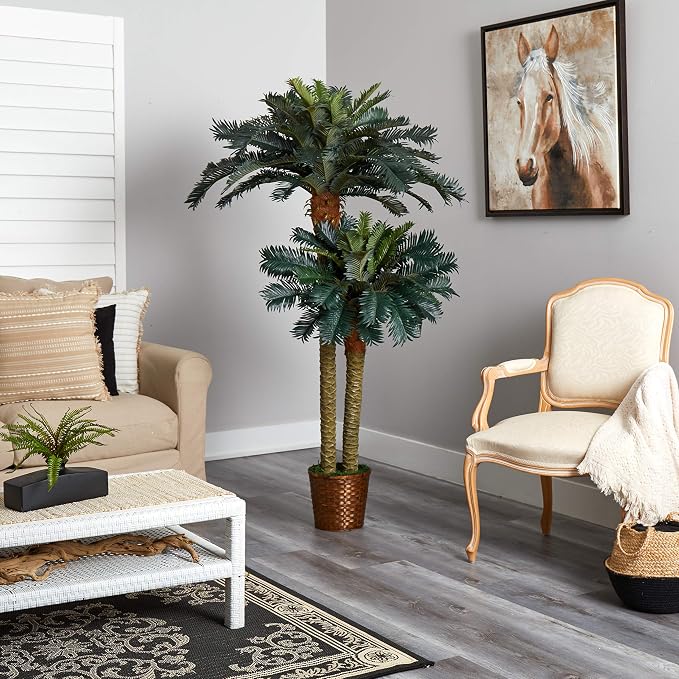 Nearly Natural 6 ft Artificial Sago Palm Double Tree Basket Floor Plant | Two Realistic Trunks, Eighty Lifelike Palm Leaves, Ten-Inch Wicker Basket Included, Premium Indoor Home Decor Accent