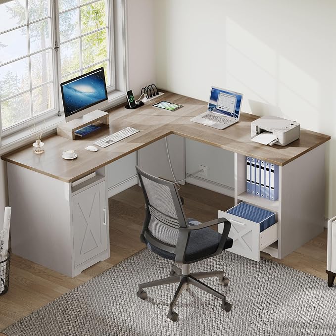 YITAHOME L Shaped Desk with Power Outlets | Computer Corner Desk, File Drawer, Monitor Stand & Storage Shelves, File Cabinet