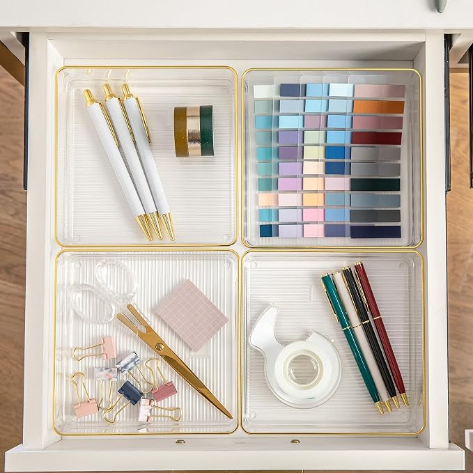 Martha Stewart Kerry Stackable Desk Drawer Organizers, Clear/Gold, 4-Pack | 6x6 in Organizers, Gold Trim, Stackable