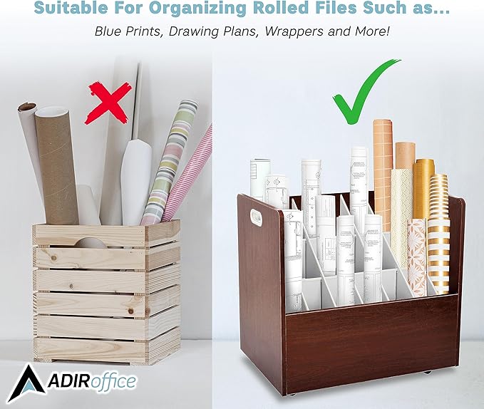 AdirOffice Adir Blue Print Storage Organizer - Mobile Roll File Cart, Construction Plan Holders, Blueprint Cabinet with Wheels, Roll Files Storage for Office and Home (21 Slots, Mahogany)