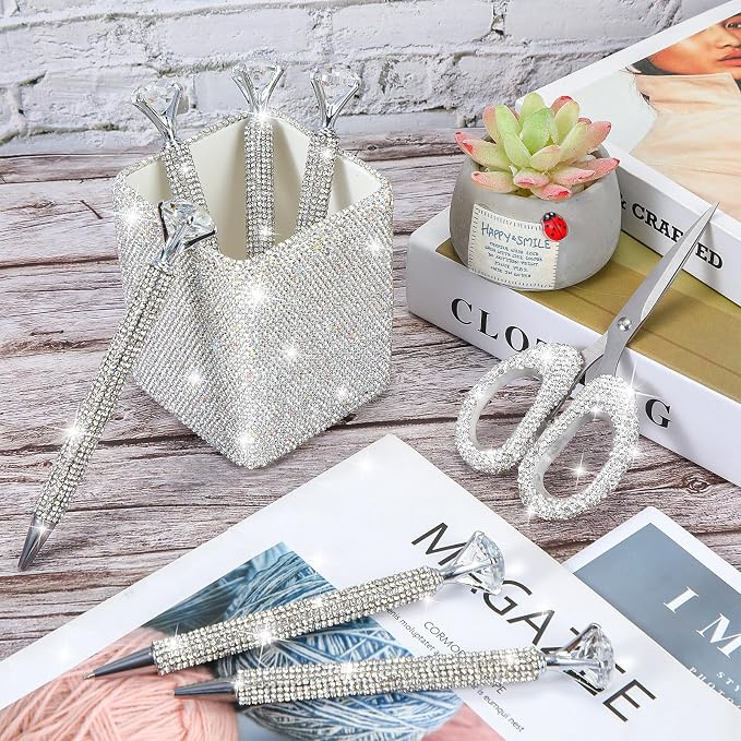 Qilery 8 Pcs Bling Desk Accessories Gift with 1 Bling Pen Holder 6 Pcs Crystal Rhinestone Pens 1 Crystal Scissors Glitter Makeup Brush Holder Valentines Gift Vanity Decor Organizer(White)