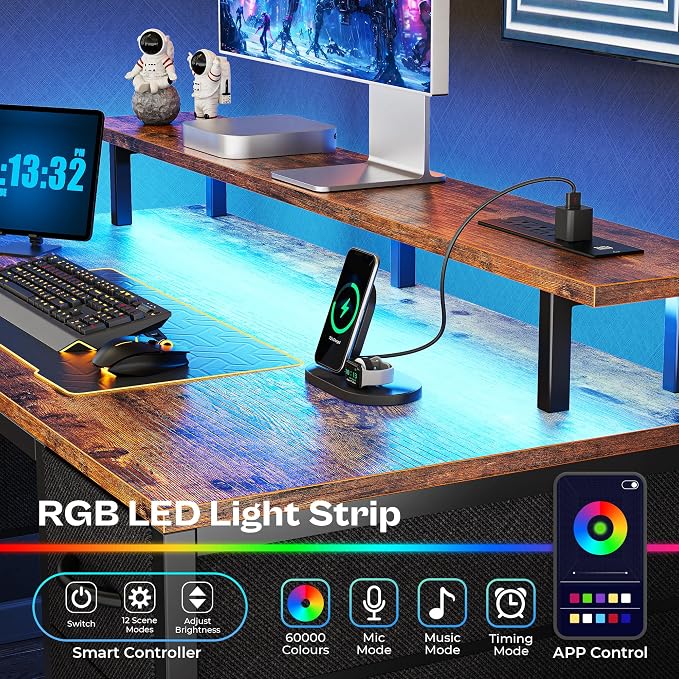 Huuger 55 inch Computer Desk with Power Outlets & 4 Drawers | Gaming Desk with LED Lights, Home Office Desk with Storage Space for Bedroom, Work from Home, Rustic Brown