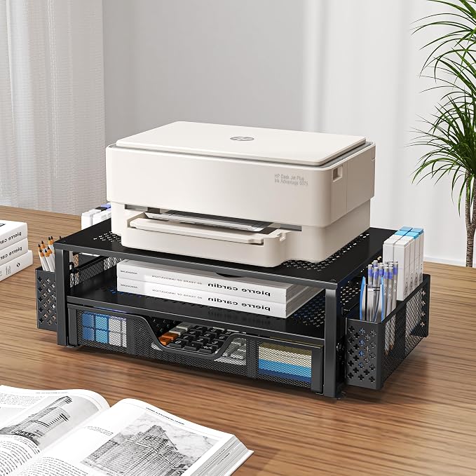 Simple Trending Monitor Stand with Drawer, 2-Tier Laptop Stand, Black | Desk Organizers and Accessories with Drawer and 2 Pen Holders, Sturdy Metal Stand Riser for Home Office, 20"W x 10"D x 5.8"H