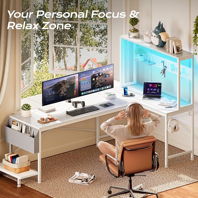 L Shaped Gaming Desk with LED Lights & Power Outlets | Reversible Computer Desk with Storage Shelves & Bag, Large Corner Home Office Desk with Pegboard for Work from Home, White