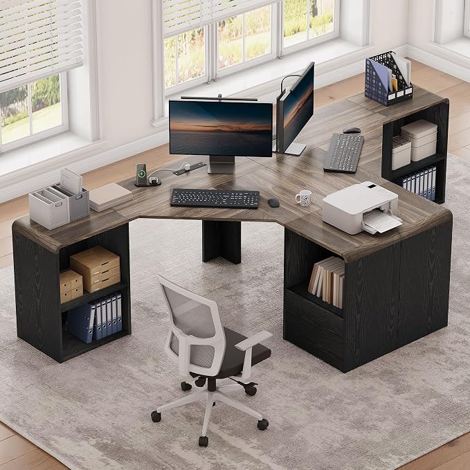 59'' Reversible L-Shaped Computer Desk, Black | Corner Desk w/ Fluted Storage, Sliding Doors, Drawers & 4AC+USB-C. Reversible Fits Any Room Layout For Home Office