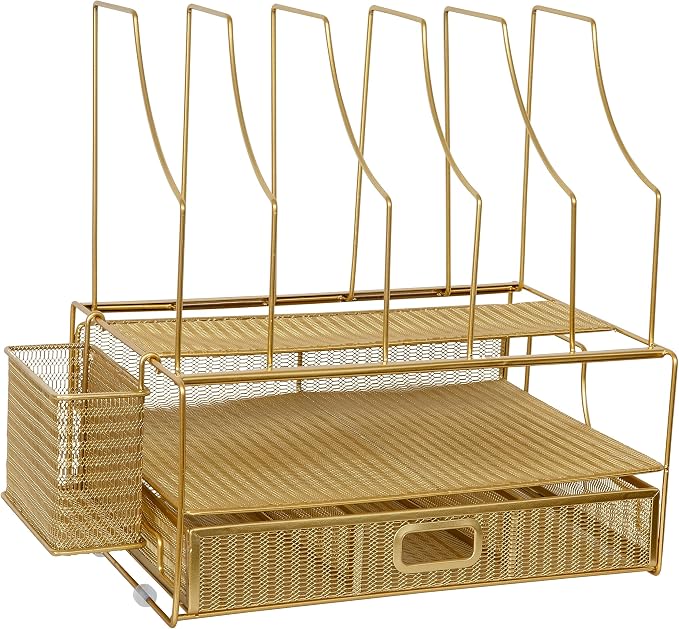Martha Stewart Ryder Mesh Metal Desktop Organizer with Drawer, Gold | Steel Mesh, Gold Finish