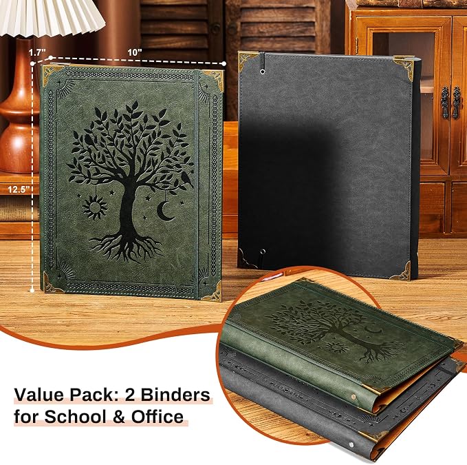 OVESMUSL 2 Pack PU Leather 3 Ring Binder, 1 Inch Green Black | Fits 8.5x11 letter paper, holds 200 sheets, loose leaf organizer