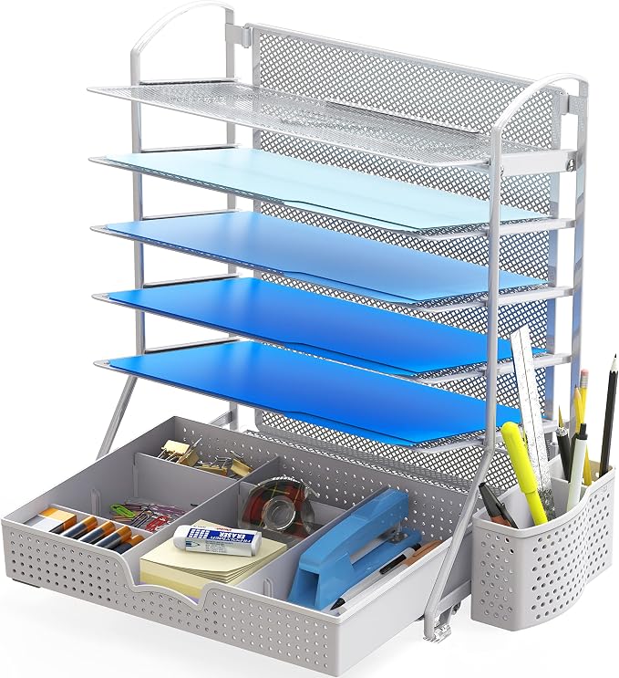 Simple Houseware 6-Tier Desk File Organizer w/Drawer & Pen Holder, Silver | 5 Tilted Letter Trays for A4 Paper, Mail and Documents