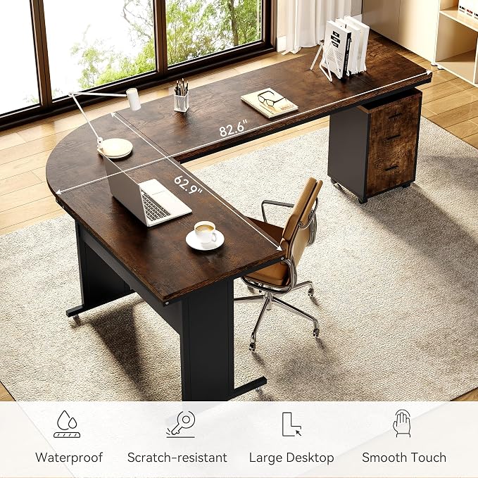 LITTLE TREE 83 Inch L-Shaped Office Desk with Drawers, Large Executive Office Desk with Storage, Wooden Computer Desk with File Cabinet, Modern Work Desk for Home Office, Brown