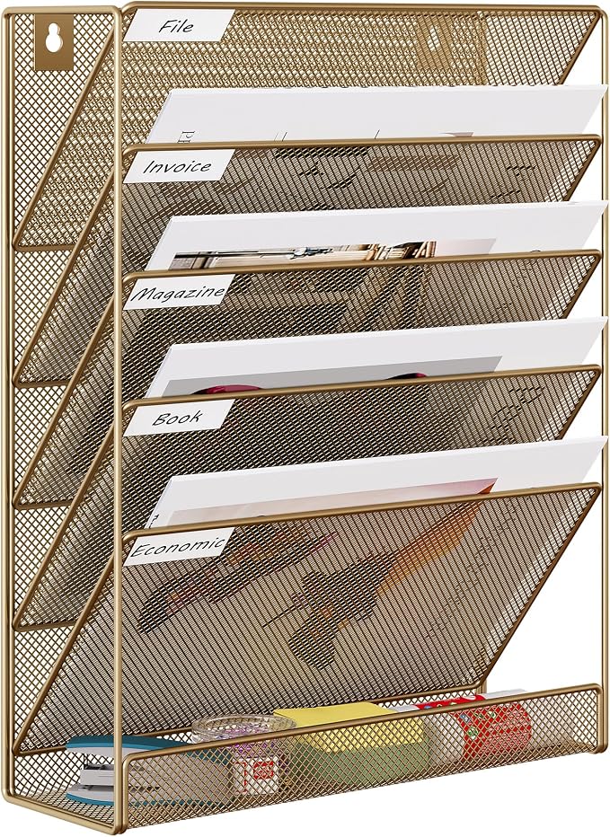 EasyPAG 5 Tier Wall File Holder, Mesh Hanging Folder Organizer with Classify Label, Versatile Desk File Holder, Vertical Wall Mounted Mail Organizer for Office Home Cubicle, Gold