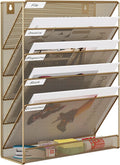 EasyPAG 5 Tier Wall File Holder, Mesh Hanging Folder Organizer with Classify Label, Versatile Desk File Holder, Vertical Wall Mounted Mail Organizer for Office Home Cubicle, Gold