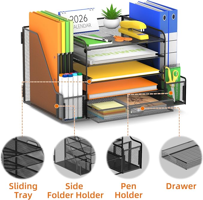 Mesh Desk Organizer with File Holder, 5-Tier Paper Letter Tray Organizer with Magazine Holder, Desktop Organizer and Storage with Drawer for Office Supplies Home or School (Black) | Two side magazine holders and a bottom drawer store papers, folders, n...