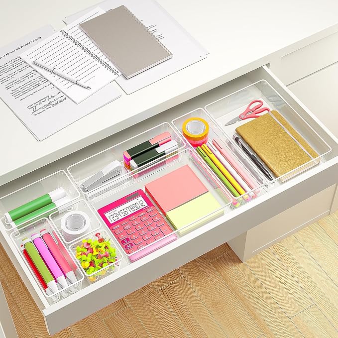 45Pack Makeup Drawer Organizers Set, 4Sizes acrylic desk organizer trays for vanity, bathroom, office, nightstand, junk for kitchen drawer, Versatile plastic drawer divider storage bins