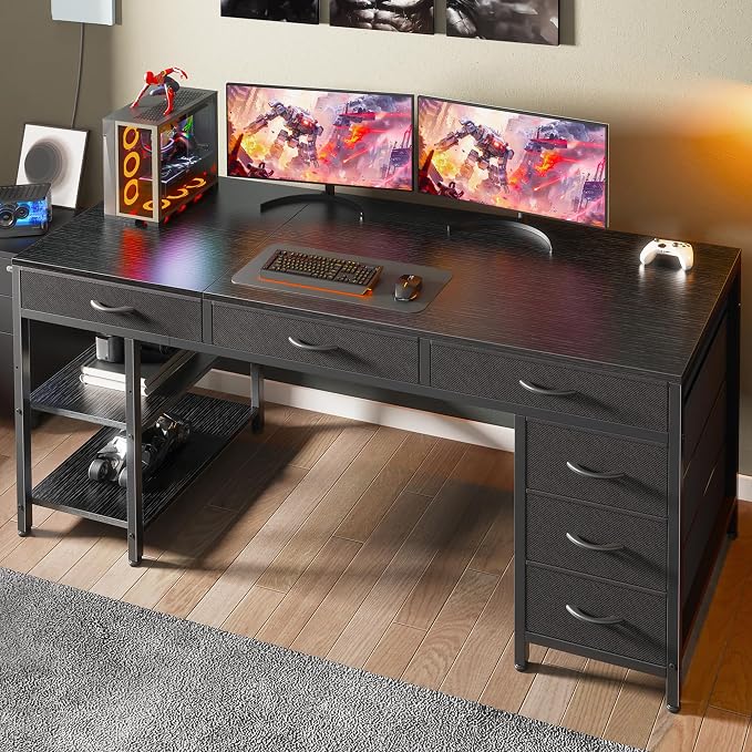 Huuger Computer Desk with 6 Drawers, Office Desk with Shelves, Reversible Gaming Desk, Corner Desk with Storage, Work for Home Office, Study, Living Room, 63inch, Black