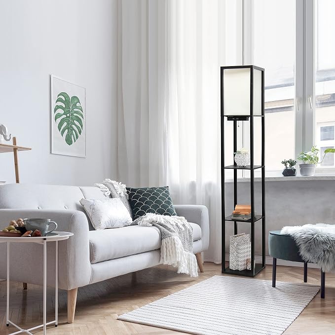 Simple Designs LF1037-BLK-LB Three Shelf Etagere Organizer Storage Floor Lamp with 2 Dual USB Ports and Charging Outlet, Black, with Feit LED Bulb Included