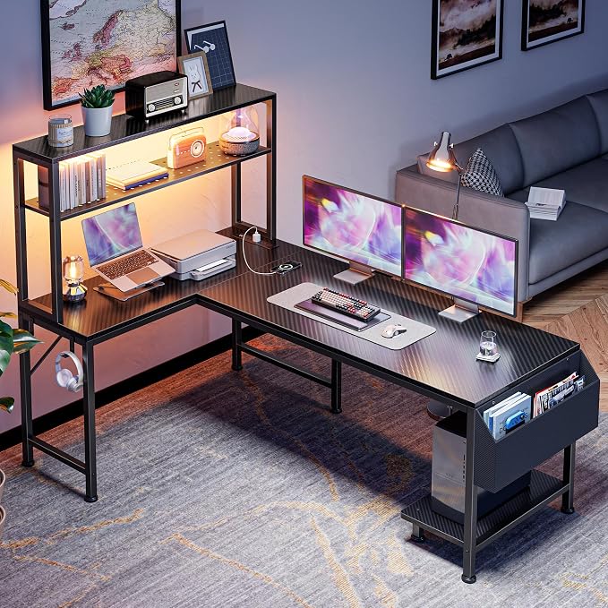 L Shaped Gaming Desk with LED Lights & Power Outlets | Reversible Computer Desk with Storage Shelves & Bag, Large Corner Home Office Desk for Work from Home, Carbon Fiber Black