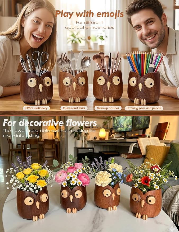 Solid Wood Owl Pen Holder for Desk with Magnetic Spinning Eyes, Funny Pencil Holder, Cute Desk Accessories, Home Office Decor, Gift for Teachers, Coworkers, Friends & Family