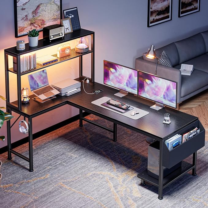 L Shaped Gaming Desk with LED Lights & Power Outlets | Reversible Computer Desk with Storage Shelves & Bag, Large Corner Home Office Desk with Pegboard for Work from Home, Black
