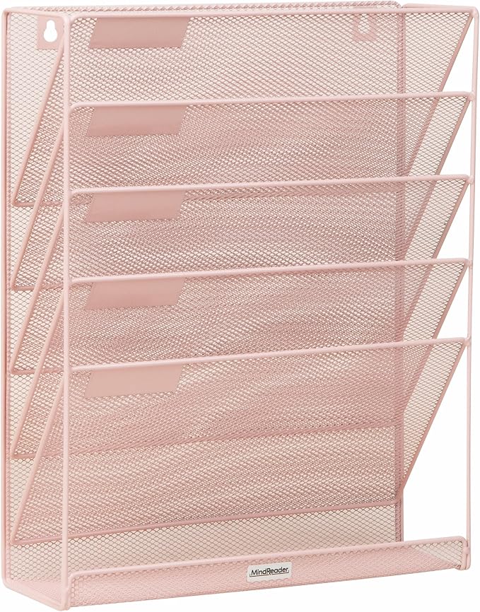 Mind Reader 5-Pocket Vertical File Storage, Desktop Organizer, Wall Mount, Office, Metal Mesh, Pink