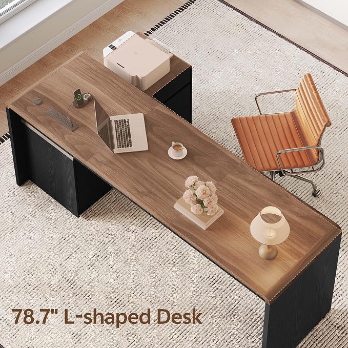 78" L-Shaped Executive Desk with Mobile File Cabinet, Black | Mid-Century L-Desk with Mobile File Cabinet, Drawers & Power Hub (4AC+2USB) Waterfall Edge. Large Workspace for Home Office