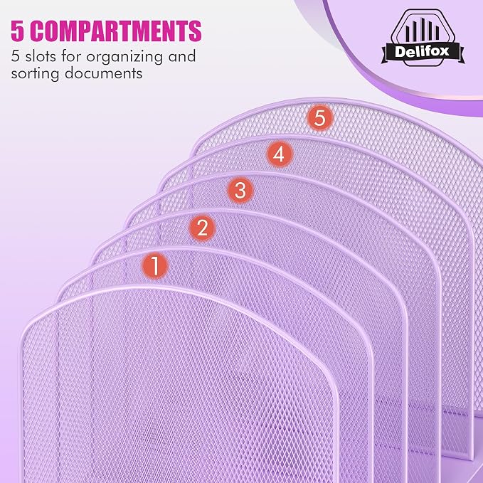 Delifox Inclined Desk File Organizer,Vertical File Folder Holder Stand Metal Rack File Sorter for Office Classroom Desktop Organization (2, Purple, 5)