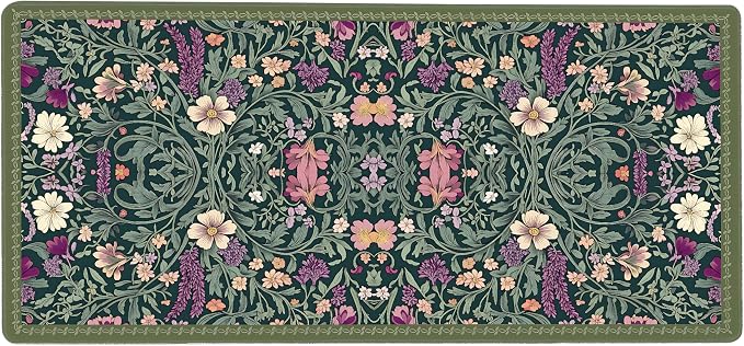 Cute Floral Aesthetic Lavender Gaming Mouse Pad, Dark Green Rug Desk Mat with Anti-Slip Base & Stitched Edges,35.4" x 15.7" in Table Mat for Computer Desktop, Beautiful Workstation Decor