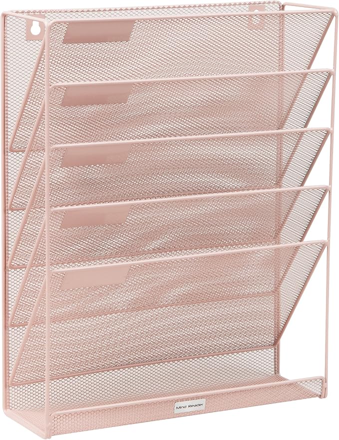 Mind Reader 5-Tier Vertical File Storage, Desktop Organizer, Wall Mount, Office, Metal Mesh, 12.75" L x 4" W x 16" H, Pink (Pack of 4)