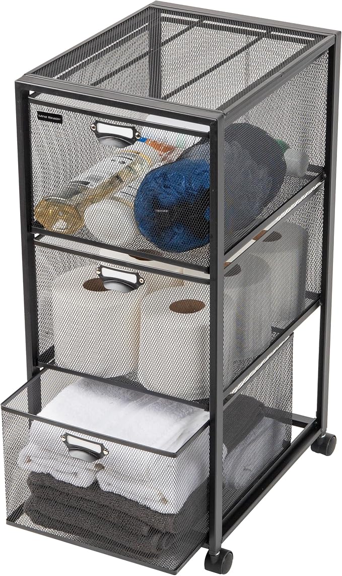 Mind Reader Office Storage Organizer with Mesh Drawers Label Holders and Optional Wheels, Metal Mesh, Black