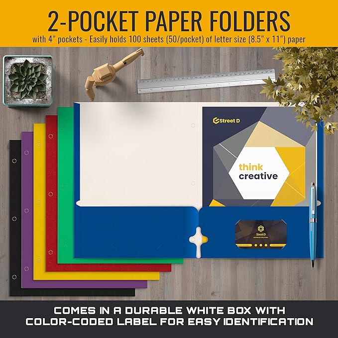 Better Office Products 2 Pocket Paper Folders, Letter Size Paper Portfolios Case of 50, Assorted Primary Colors