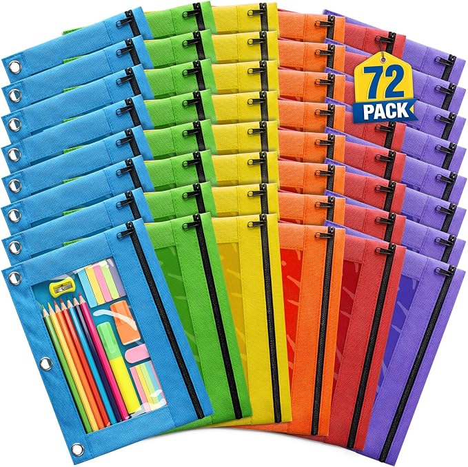 Pencil Pouch for 3 Ring Binder, Bulk Pencil Pouches with Zipper, 72 Pack | 6 Assorted Colors, Clear Window Binder Pouches for Students Teachers, Classroom, Back to School Supplies, Office Organization