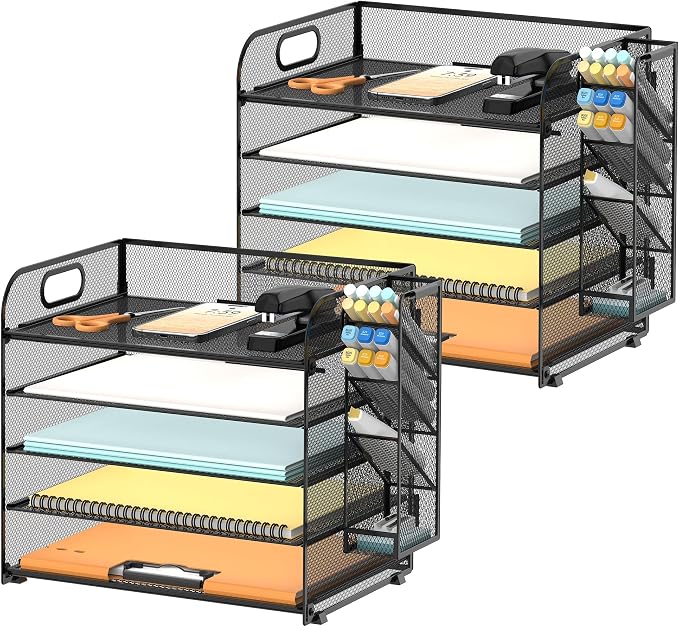 5-Tier Paper Organizer for Desk with Pen Holders, 2-Pack, Black | Metal Mesh Desktop File Organizer with Removable Trays and 2 Handles for Paper, Files, Mail, Folders in Office Home or School