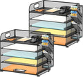 5-Tier Paper Organizer for Desk with Pen Holders, 2-Pack, Black | Metal Mesh Desktop File Organizer with Removable Trays and 2 Handles for Paper, Files, Mail, Folders in Office Home or School