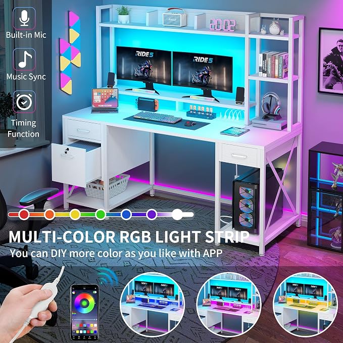 YITAHOME 59.1" Computer Desk with Drawers & Hutch, Power & LED, White | Hutch & Drawers, Monitor Stand, Power Outlets, LED Lights, Storage Shelves, for Home Office Gaming, Easy Assembly