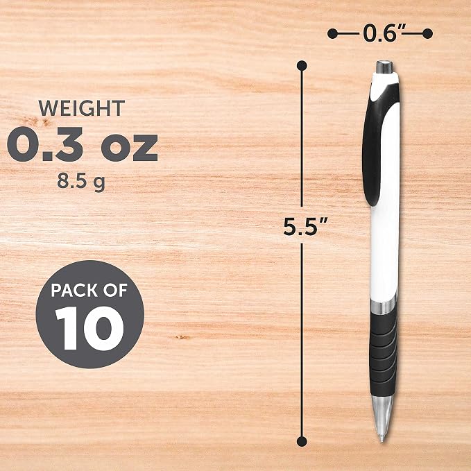 DISCOUNT PROMOS Ballpoint Pens With Rubber Grip - 10 pack - Black Ink Ball Point Pen with Soft Touch Plastic - White