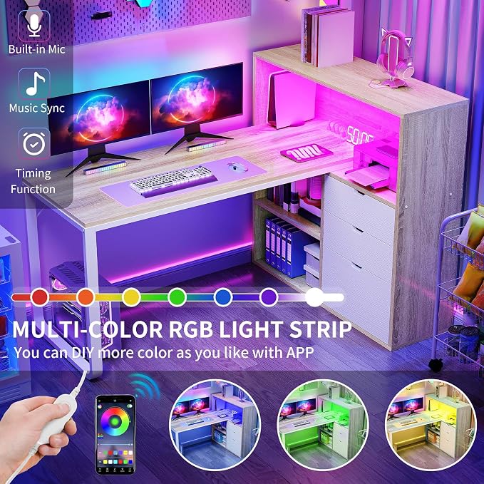 YITAHOME 55" L Shaped Corner Computer Desk with Drawers & Power, White Oak | Corner Desk with Drawers, Bookshelf, L Shaped Desk with Power Outlets, LED Lights, File Cabinet, for Home Office