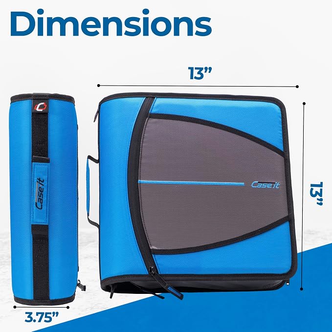 Case-it School Zipper Binder | 3" O-Rings | 600-Sheet | D-146 Denim Blue | Mighty Zip Tab, 5-Color Tab Expanding File Folder, Shoulder Strap, Handle, Office