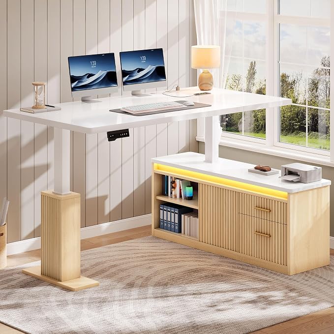 YITAHOME L Shaped Standing Desk with Power Outlets & LED Lights, 63" Electric Standing Desk Adjustable Height Sit Stand Corner Standing Desks with Drawers & Sliding Door, High-Gloss White+Natural Oak