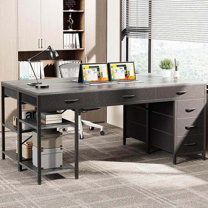 Huuger Computer Desk with 6 Drawers, Office Desk with Shelves, Reversible Gaming Desk, Corner Desk with Storage, Work for Home Office, Study, Living Room, 63inch, Grey