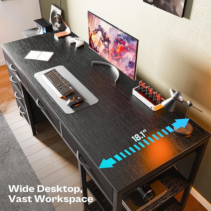 Huuger Computer Desk with 6 Drawers, Office Desk with Shelves, Reversible Gaming Desk, Corner Desk with Storage, Work for Home Office, Study, Living Room, 54inch, Black